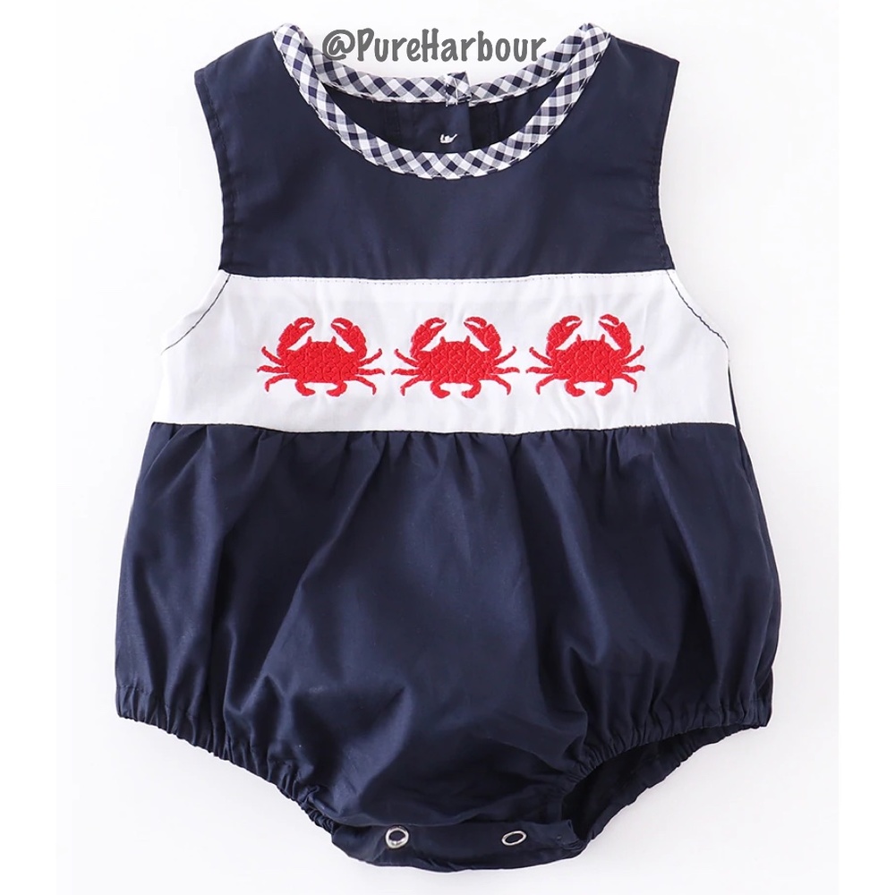 Navy Crab Embroidered Baby Girl Bubble Romper